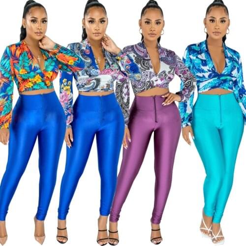 Purple Sexy Fashion Two-piece Set V-neck Long Sleeve Printing Bandage Tops Elastic Waist Bodycon Pencil Pants 2pc Set 4 Colors