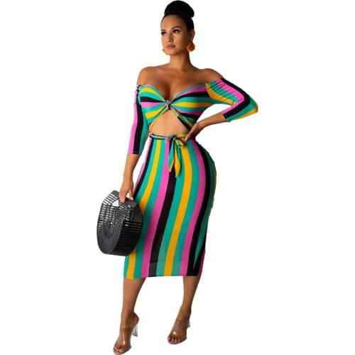 Contrast Color Striped Printed Off Shoulder Long Sleeve Sheath Midi Dresses For Women Evening Party And Club Sexy Dress