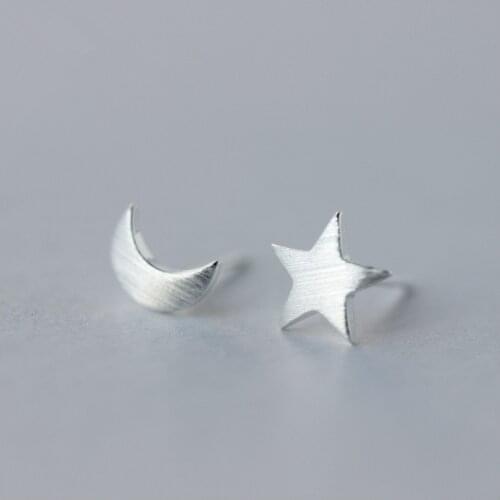 Fashion Silver Color Asymmetry Star Moon Stud Earrings for Women Girls Hypoallergenic Jewelry Bijoux Pendientes EH882