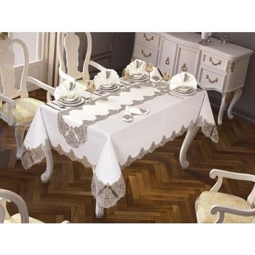 26 piece Laced Cactus Table Cloth Set Cream Silver