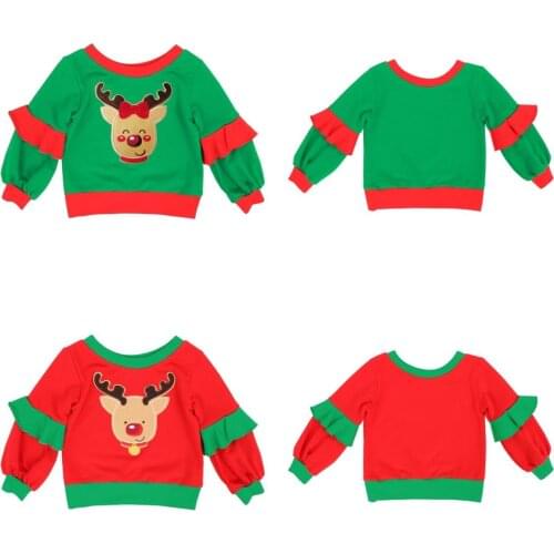 Kaiya Angel 2019 New Arrival Kids Christmas Clothes Baby Spring Autumn Winter Reindeer Applique Shirt Ruffle Long Sleeve Tops