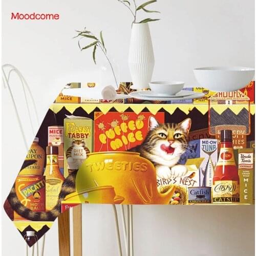 Lovely Post-modern Cat Art Sleeping Kitty Kitten Carton Linen Tablecloth Washable Comics Dinning Room Decoration Table Cover