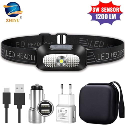 Portable Fishing Headlamp Mini Sensor Headlamp USB Rechargeable Head Torch 4 Lighting Modes Camping Lamp with Built-in Battery
