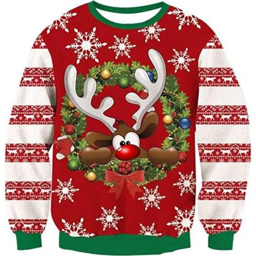 Christmas Sweater 3d Antler Print Novelty Ugly Christmas Sweater Unisex Men Women O Neck Long Sleeve Pullover Jumpers Sweater