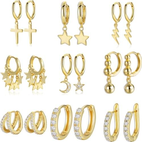 925 Sterling Silver Earrings Gold Color cross Moon Star CZ Zircon Small Circle Huggie Hoop Earrings For Women Fine jewelry