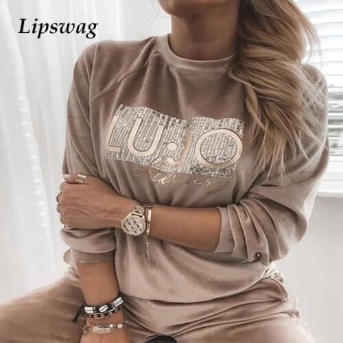 Elegant Women Winter Warm Velvet Sweatshirt Autumn Casual Long Sleeve O Neck Pullover Female Fashion Sequin Letter Print Top 3XL