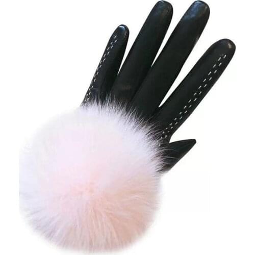 High-end Womens Leather Gloves Sheepskin Winter Warmth Plus Velvet Thickening Real Fox Fur Female Touch screen