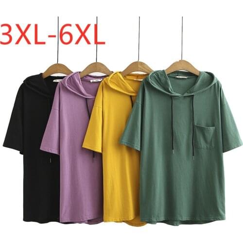 New 2021 Ladies Summer Plus Size Hoodie Tops For Women Large Short Sleeve Loose Cotton Green Pocket T-Shirt 3XL 4XL 5XL 6XL