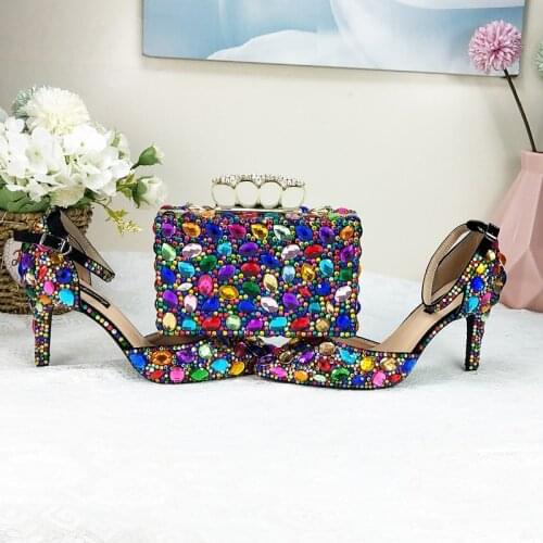 Women wedding shoes And bags Set Multicolored Crystal High heels shoes Pointed Toe Ladies Party Dress shoes women Pumps Lace-up