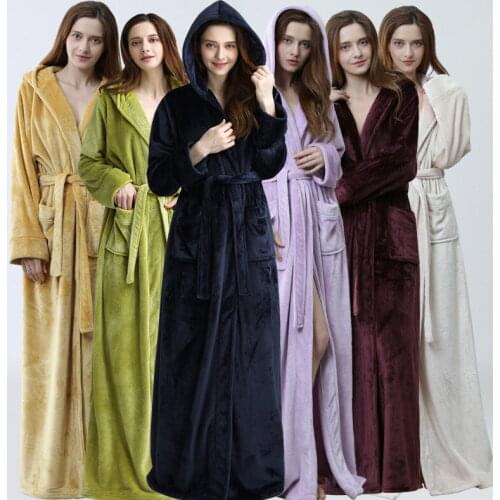 Women Men Winter Plus Size Flannel Robe Extra Long Hooded Warm Bathrobe Lovers Thick Kimono Bath Robe Male Dressing Gown Robes
