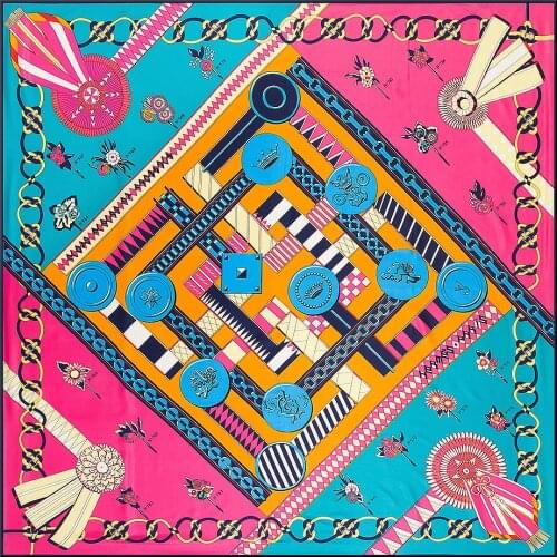 POBING 100% Twill Silk Square Scarf Woman Luxury Brand Spain Chain Print Scarves&Wraps Silk Foulard Big Bandana Neckerchief