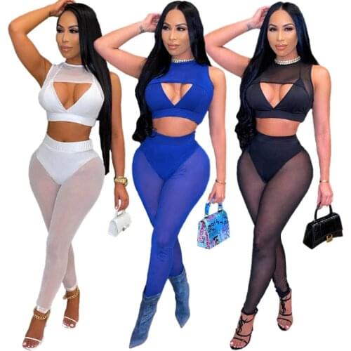 Sheer Mesh Patchwork Tracksuit Woman Sleeveless Cut Out Crop Top And Pencil Pants Night Club Party Outftis Solid Color Suits