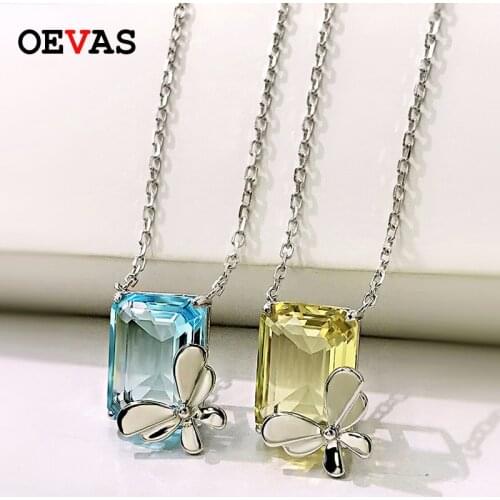 OEVAS 100% 925 Sterling Silver Yellow Blue Zircon Simple Butterfly Pendant Necklace For Women Sparkling Party Fine Jewelry Gifts