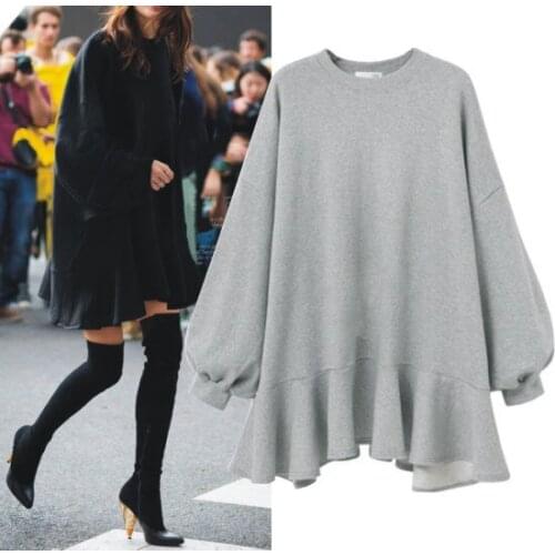 Hoodie Dress Women Casual Loose Sweatshirts O-Neck Lantern Long Sleeve Sleeve Chic Ruffle Hooded Loose Midi Dresses Pullover