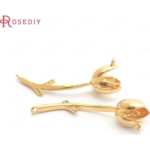 37387)6PCS 26x6MM 24K Gold Color Brass and Zircon Flower Branch Charms Pendant Jewelry Making Supplies Diy Findings Accessories