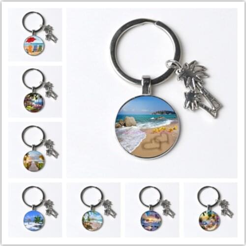 Beautiful Beach View painting glass keychain ocean landscape charm keychain coconut tree key ring relax travel jewelry gift