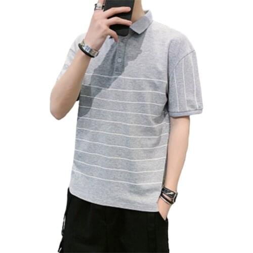 Summer new street mens polo shirt T-shirt wide stripe lapel casual comfortable polo slim short sleeve shirt collar mens wear