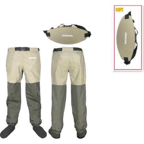 JEERKOOL Fly Waders Fishing Wading Waist Pants With Waistband Belt Overalls Mens Waterproof Cloth Breathable Foot For Shoes