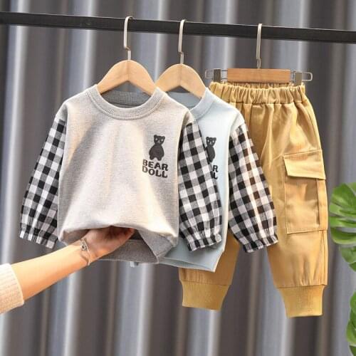 Toddler Boys Clothing Set Spring Autumn New Fahion Tracksuit Plaid Bear Patchwork T-shirt+Tooling Pants Kids Baby Causal Outfits