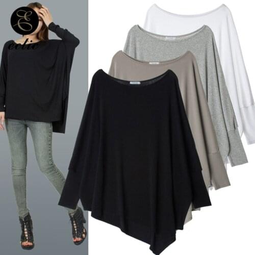 Bat Wing Tops Ropa Mujer Verano 2021 Solid Color Irregular T Shirt Asymmetric Oversized Tshirt Cotton Long Sleeve Tshirt Women