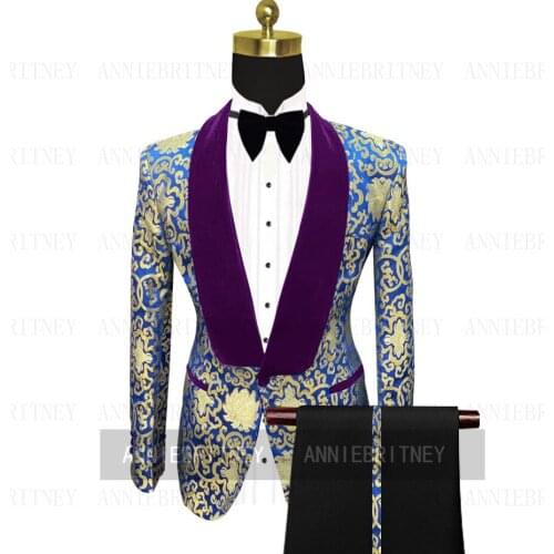 2021 Classic Purple Suits Men Printed Flower Velvet Slim Fit Formal Business Dinner Wedding Tailor-maSuit Blazer With Pants Set