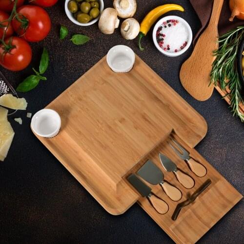 Cheese Board Set With Slide Out Drawer 4 Knives Sets Cooking Tools Cheese Knife Cheese Slicer Fork Scoop Cut Tool