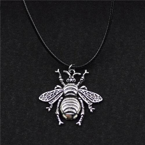 New Women Men Fashion Antique Silver Color Queen Bee Animal Pendant Bumble Bee Leather Cord Necklace Party Birthday Jewelry Gift