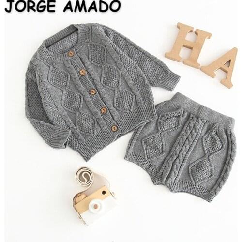 2021 New Autumn Baby Girls Sets Grey Beige Open Stitch Sweater Coat + Diamond Pattern Wool Shorts Children Outfits E9103