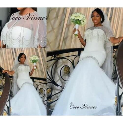 New Arrival Mermaid Wedding Dress 2021 For African Sweet Heart Neckline Lace up Pure White Bride Dress With Jacket W0847