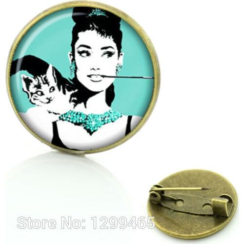 Wholesale Celebrity Vintage Style Audrey Hepburn Brooch /pins Glass cabochon dome pin Christmas Gift for friends C111