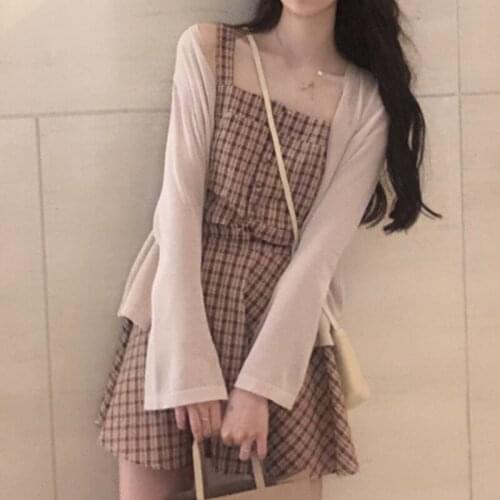 Casual Style Sweet Womens Set: Plaid Vest + A-line Mini Skirt + Sun-proof Knitted Cardigan Summer Kawaii Girl