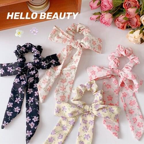 Floral Print Scrunchies for Women Elastic Hair Bands Streamers Bow Hair Scarf Hair Rope Ties Fashion Headwear Hair Accessories