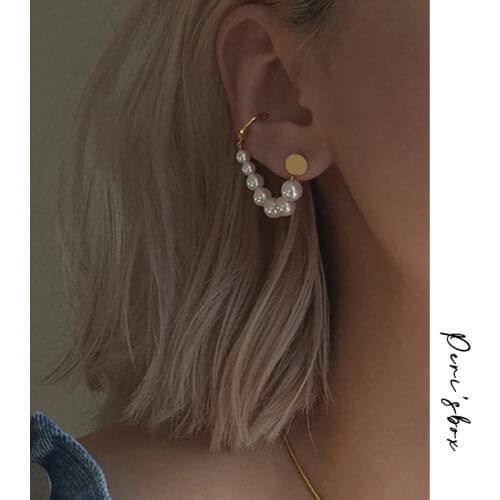 PerisBox Gold Color Single Piece Hanging Faux Pearl Earrings Beaded Pearl Geometric Earrings for Women Minimalist Stud Earrings