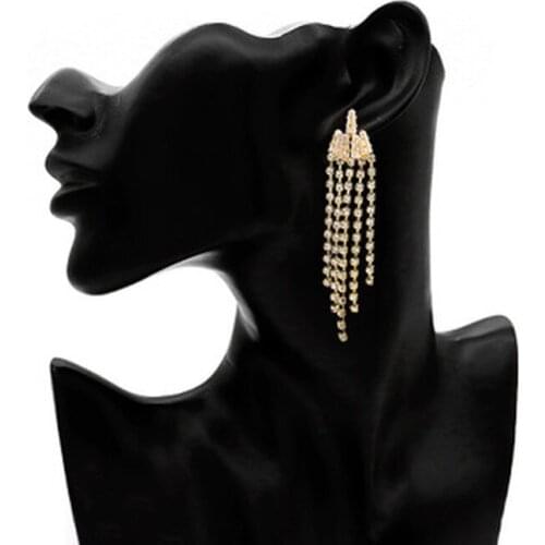 New Gold Color Rhinestone Crystal Long Tassel Earrings for Women Bridal Drop Dangling Earrings Wedding Jewelry