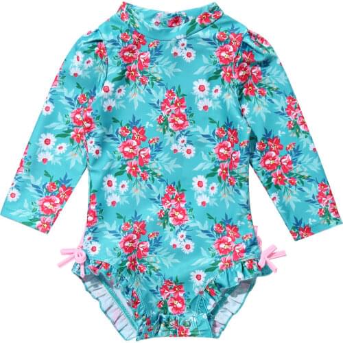 Infant Baby Girls One-piece Swimwear Long Sleeves Floral Printed with Ruffled Children Swimsuit Beach Bathing Suit Rash Guard