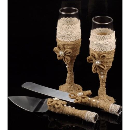 Rustic Wedding Cake Knife Serving Set Pie Cutter Shovel Toasting Champagne Glasses 4pcs Country Style Wedding Parties Supplies