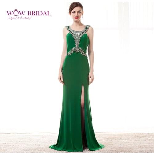 Wowbridal Sexy Green Long Evening Dress 2021 Scoop Beaded V-Neck Open Back High Split Crystal Sash Sweep Train A-Line Party Gown