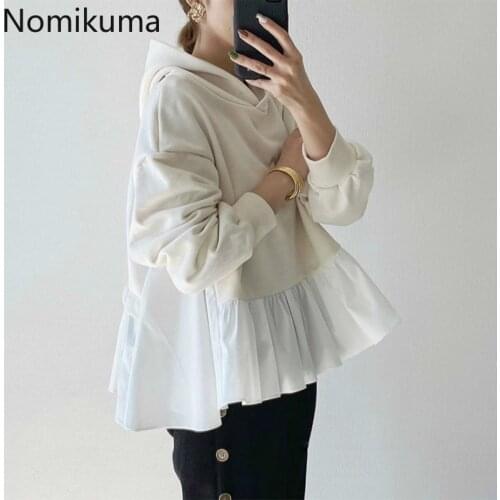 Nomikuma Japanese Hooded Pullover Sweatshirt Sweet Ruffle Patchwork Hoodies 2020 Autumn New Long Sleeve Women Top Jumpers 6C459