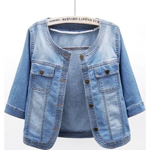 Spring Autumn Elasticity Slim Short Denim Jacket Women Fashion Washed Blue Outerwear O-Neck Half sleeve Jeans Jacket Coat Female