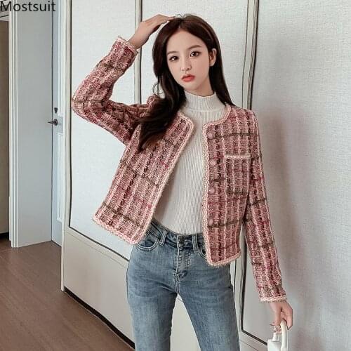 Spring Autumn Women Vintage Elegant Tweed Coat Ladies Jacket Long Sleeve Single Breasted O-neck Short Tops 2021 Chaqueta Mujer