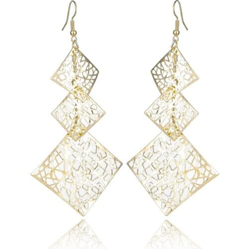 Vendimia New Dangle Long Earrings For Women Classic Pattern Hollow Irregular Square Metal Pendant Dangling Drop Earrings
