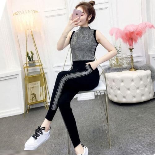 2021 New Summer Hot drilling Tracksuit Female sleeveless Two Piece Set Women Fashion Vest Top+High Waist Casual Pants 2 Pcs Set