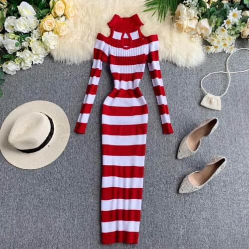 2020 winter new female halter hollow out long sleeve knit sheath dress womens striped waist elegant package hip knitted