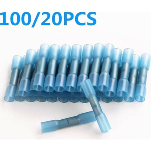 100/20Pcs Blue Heat Shrink Waterproof Electrical Wire Crimp Terminals Cable Wire Splice Insulated Butt Connectors Kit AWG16-14