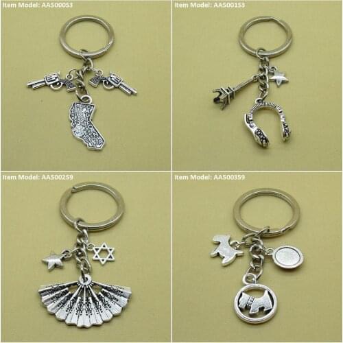 Keychain Keyring Tag Map California Gun Revolver Headphone Headset Tower Eiffel Star Pentagram Fan Folding Hexagonal David of