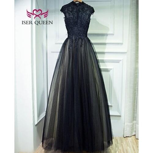 High Neck Short Sleeves Illusion Long Evening Dresses 2021 Zipper Back Black Color A line Tulle Women Formal Dress EX0004