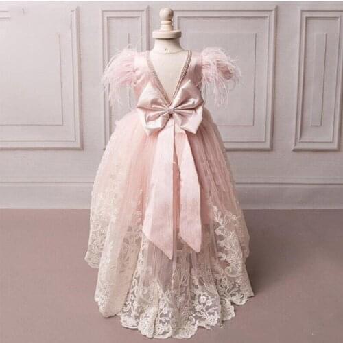 Elegant Girls Feather Cap Sleeve Princess Dress Jewel Neck Beading Feathers V-Back Big Bow Kids Girls Birthday Dress