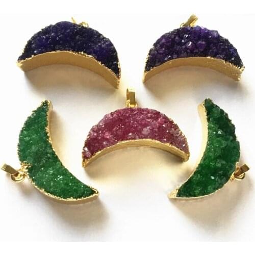 FUWO Hot Sale Half Moon Pendant Natural Druzy Agates With Gold Color Plated Semi Precious Jewelry For Necklace Making PD330