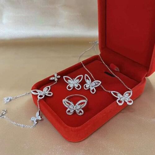 New Classice Butterfly Created Moissanite Solid 925 Sterling Silver Necklace/Earrings/Ring/Bracelet Bridal Jewelry Sets