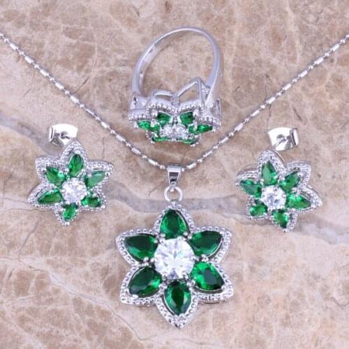 Delicate Green Cubic Zirconia White CZ Silver Plated Jewelry Sets Earrings Pendant Ring Size 6 / 7 / 8 / 9 S0438
